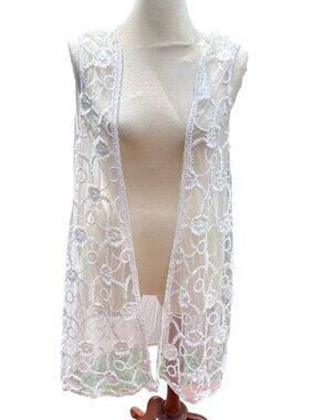 Sheer Embroidered Lace White Sleeveless Duster Cardigan Vest By POL Size Medium